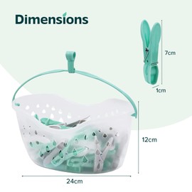 Flatro 36 Pegs for Washing Line with Hanging Basket | Heavy Duty Clothes Pegs Basket with Drainage Holes | Plastic Washing Pegs Basket for Rotary Line with a Hook on the Handle