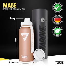 ABOVE. Stainless steel drinking bottle, 1 litre, double-walled, 2 drinking caps, BPA free, carbonated cap, suitable I thermos flask, 1 litre, fitness, sport, gym., Rose Gold
