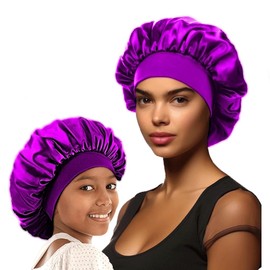 FNMAOAO Silk Satin Bonnet Sets Shower Cap for Sleeping Mommy and Me Hair Bonnet Set with Elastic Band Adjustable and Reusable(Purple)