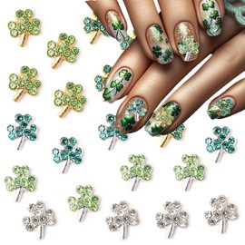 20Pcs St.Patrick's Day Nail Charms Alloy Silver St.Patrick's Day Nail Charms for Acrylic Nails Green Shamrock Nail Jewelry Nail Gems Rhinestones 3D Shamrock Nail Art for Women Girls Nail Accessories
