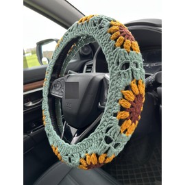 YDMZZB Handmade Crochet Sunflower Car Steering Wheel Covers Green/Yellow Universal 14-15 inch for Women/Men (Steering Wheel Cover)