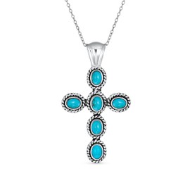 Southwestern Style Compressed Turquoise Rope Bezel Set Cross Pendant 925 Sterling Silver Necklace 18 In Chain 1.5 in
