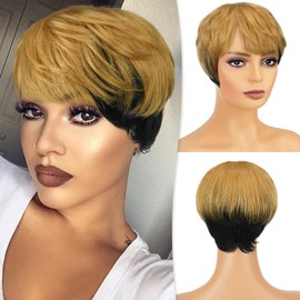 Pixie Cut Wig Short Human Hair Wigs for Black Women Ombre Brown Human Hair Glueless Pixie Wig Layered None Lace Front Wig with Bangs Natural Straight Wig 1B/30 Color