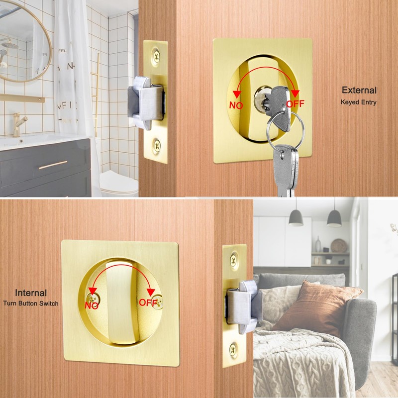 Dontay Keyed Pocket Door Lock,Flush Mount Recessed Knob,2-3/8 inch Backset,Square