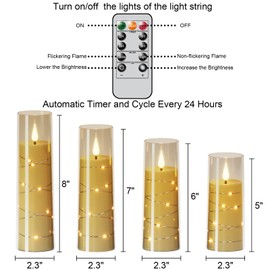 Wondise Flameless Flickering Candles with Embedded Star String Remote and Timer Battery Operated Flickering LED Candles Durable Acrylic Shell Pillar Candles for Christamas Home Decoration (4pack