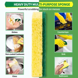 HOMERHYME Heavy Duty Sponges, 12 Pack Cellulose Scrub Sponge, Dual-Sided Kitchen Sponge, Multipurpose Sturdy Ergonomic Design for Kitchen Dishwashing, Uncoated Cookware, Sink, and Countertops