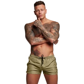 TONLEN - Traje de baño deportivo para hombre, con bolsillos con cierre, Caqui, Large