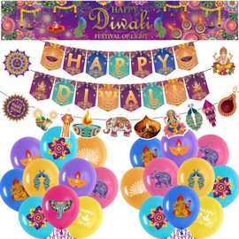 Happy Diwali Banner Party Decorations - Indian Festival of Lights Decor Hanging Garlands, Latex Balloons Banners Party Supplies for Home Deepavali Decoration