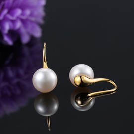 Pearl Earrings for Women, 925 Sterling Silver AAAA Cultured Freshwater Pearl Earrings with Hooks (Yellow Gold, 8.5-9.0 mm), Sterling Silver, Pearl