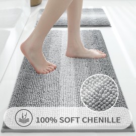 Gibelle Grey Bathroom Rug Set 2 Piece, Chenille Non Slip Bath Mat Set, Absorbent Shower Rug and Bath Room Floor Mats, Quick Dry Bathmat Bathroom Decor Accessories for Tub, 16" x 24", 20" x 32"