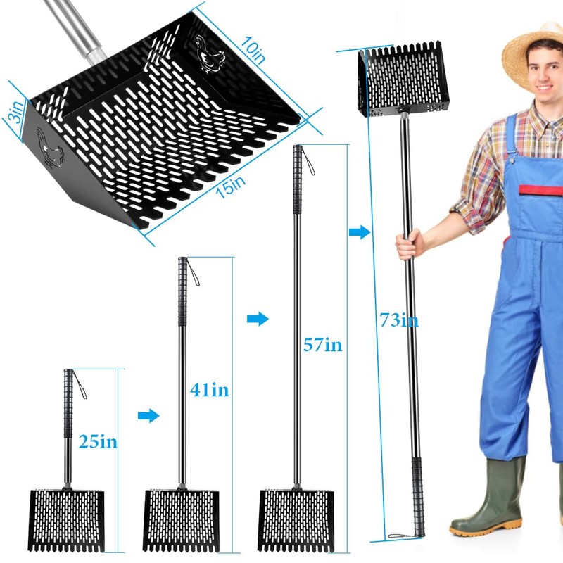 Kalekey Heavy Duty Chicken Coop Rake and Scoop, 15 Inch