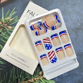 Independence Day Press on Nails Short Red Blue White Stripe French False Nails USA Flag Design July 4 Fake Nails Artificial Acrylic Nails Full Cover Glossy Coffin Nails Glue on Nails for Women Holiday
