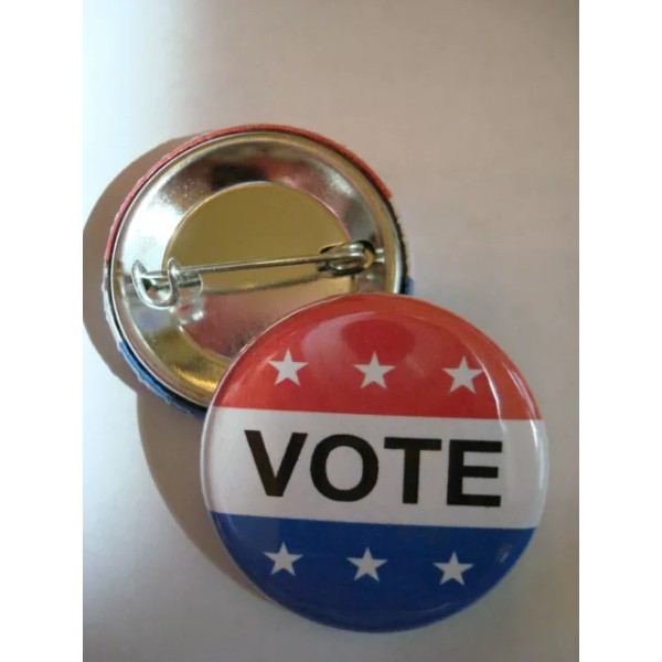 VOTE BUTTON Badge 1-1/4" RED, WHITE & BLUE Pinback, NEW