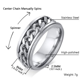 SWOPAN Men's Spinner Ring Fidget Anxiety Rings 8MM Stainless Steel Fidget Ring for Men Women Anxiety Relief Grooved Edge Ring Engagement Wedding Bands Rotation Chain Ring Jewelry Gift, Silver, Size 12