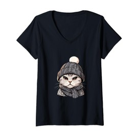 Scottish Fold Cat Knitted Bonnet Beanie Knit Cap Cat Lover V-Neck T-Shirt