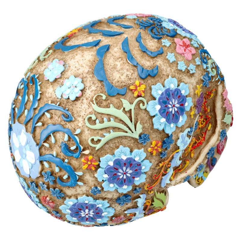 Skull Figurine with Floral Pattern - 16 cm Height, Bone