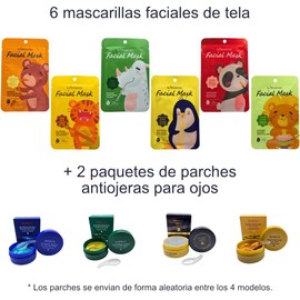 Set de 6 Mascarillas Faciales Coreanas + 2 paquetes de 30 pares de parches antiojeras c/u