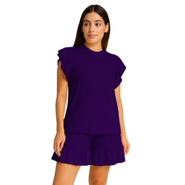 janisramone® 2 Piece Co Ord Sets for Women, Plain Round Neck Peplum Frill Short Sleeve Top With Elastic Waist Frill Shorts, Summer Loungewear Shorts and Top Set Women, Stylish Airport Outfit