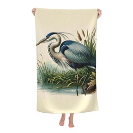 VODRM Retro Blue Heron Beach Towel, 32x52in Microfiber Quick Dry Nature Bird Vintage Bath Towels, Soft Lightweight Oversized Sand Free, for Travel Pool Swimming Gym Decor, Gifts