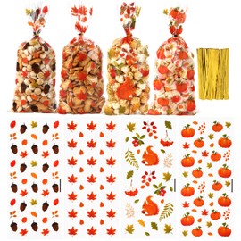 Fall Thanksgiving Treat Bags, 120 PCS Fall Cellophane Treat Bags, Thanksgiving Gift Bag, Plastic Autumn Pumpkin Maple Leaf Candy Cookie Goodie Gift Bag with Twist Ties for Falls Party Favors Supplies