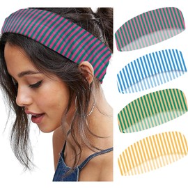 SENMAY 4pcs Striped Headbands for Women Wide Head Bands for Women's Hair Non Slip Wraps Elastic Stretchy Fashion Bandanas Workout Yoga Cute Hair Bands for Women's Hair Accessories
