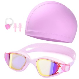 Hjinshio 2025 Swim Goggles, Adult Swimming Goggles, Fitness Model with Wide Field of View and Easy to Swim, UV Protection, Anti-Fog, Leak Proof, Nose Bells, Swim Cap, Ear Plugs, Unisex, Adults and