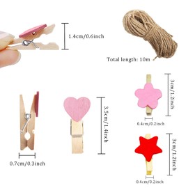 Monsully Pack of 150 Mini Wooden Pegs, Heart, Heart Decorative Clips, Wooden Pegs, Heart Photo Wall Pegs with 10 m Jute Rope and 6 Nails Without Marks, for DIY Photos Clips, Wedding Gift, Craft Decor,