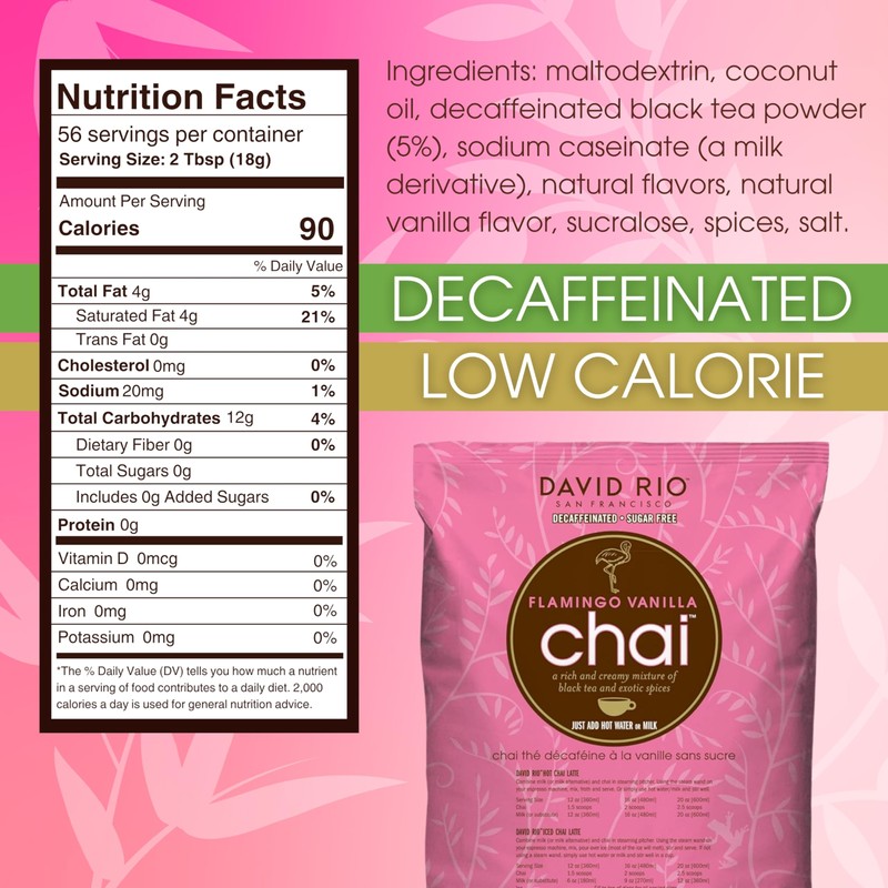 Flamingo Vanilla Decaffeinated Reduced Calorie Chai Tea Latte Mix, 48