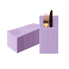 PAW - Linen Feel Napkins with Built-in Flatware Pocket, Airlaid Paper Pre-Folded Napkins for Silverware, Wedding Party, Dinner, Birthday, Gatherings, Monocolor Violet, 50 Count