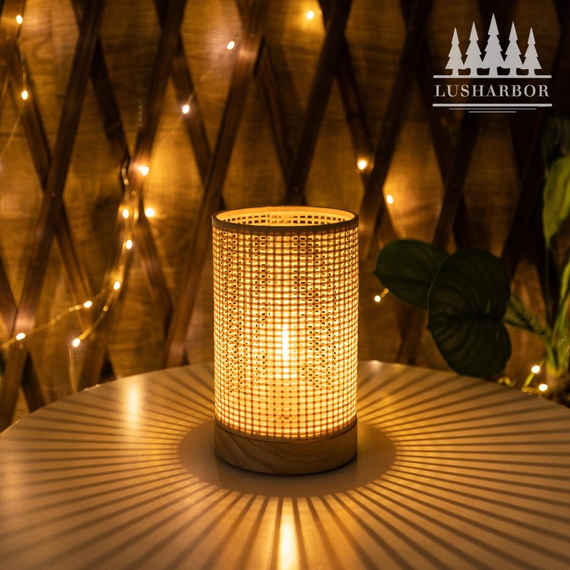 Battery Operated Lamp Boho Rattan Table Lamp with Timer, Battery