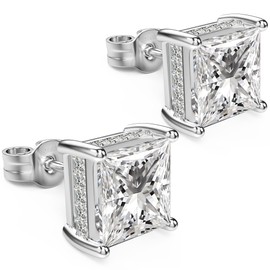 UNFAAR 18K White Gold Plated Sterling Silver Princess Cut Cubic Zirconia Stud Earrings Square CZ Diamond Stud Earrings for Women Men Hypoallergenic (8MM, Clear)