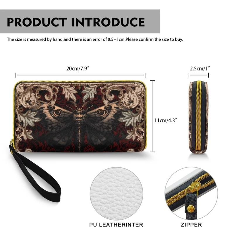 Jolamirel Gothic Moth Slim Wallet for Women Retro Damask Floral