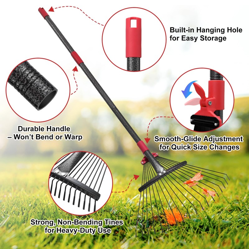 Adjustable Garden Leaf Rake - 58" Heavy Duty Metal Leaves