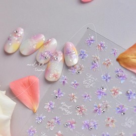 5D Flower Nail Art Stickers Small Flowers Nail Decals Self Adhesive Embossed Nail Art Supplies Floral Rhinestone Nail Design Stickers Spring and Summer Nail Decorations Decals for Women, 1Pcs