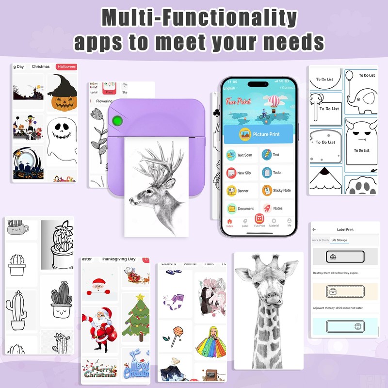 Zeacool Mini Sticker Printer,Mini Pocket Thermal Printer with 11 Rolls