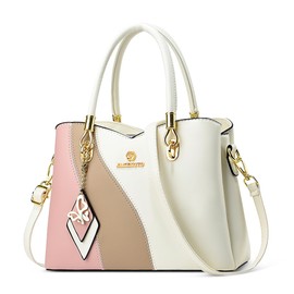 FOLOVEYA Women Handbags Fashion Top Handle Bag Ladies Shoulder Bag Casual Crossbody Bag Satchel Stylish Colour Combination for Working Travel Business Date Shopping Gifts PU Leather White