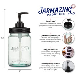 Jarmazing Products Vintage Blue Glass Mason Jar with Plastic Soap and Lotion Dispenser Top - Two-Pack - Black