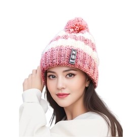 Wander Agio Women Winter Warm Crocheted Hat Windproof Beanies Caps Thick Fleece Lining Cold Weather Wool Knit Beanie Stripe Matching Pink 23