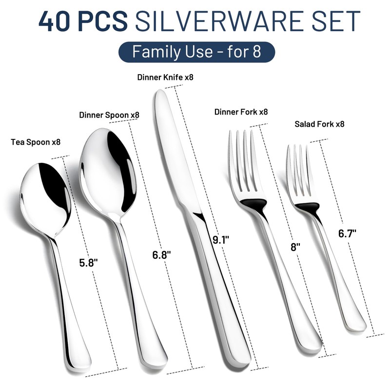 Silverware Set for 8, 40 Piece Heavy Duty Stainless Steel