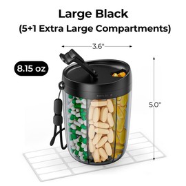 „ÄêMother's Day„ÄëAUVON Pill Dispenser Bottle with 6 Compartments, Holds Lots of Supplement with Anti-Mixing&Wide Opening Design and 20 Pcs Sticky Label:_Black_Medium
