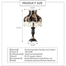 Victorian Table Lamp Handmade Fabric Lampshade European Style Desk Lamp with Antique Painted Resin Base Vintage Fabric Table Lamp for Bedroom Living Room Office (Black)