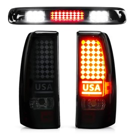 Bomusou Fit for Chevy Silverado 1500 2500 HD 1999-2002, for GMC Sierra 1500 2500 HD Fleetside 1999-2003 LED Tail Light Assembly + 3rd Brake Light, 3 Pcs, Smoke Lens