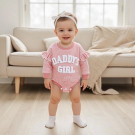 PUHHAPIEY Newborn Baby Girl Romper Daddys Girl Ruffle Long Sleeve Bubble Romper Knit striped Bodysuit Onesie Fall outfits (Pink, 12-18 Months)