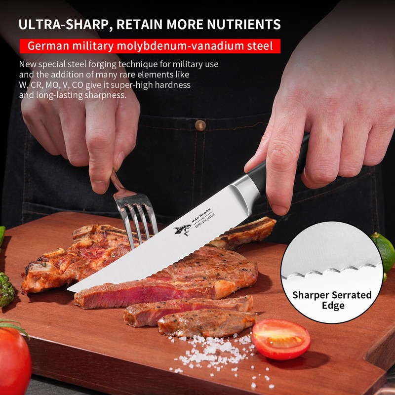 MAD SHARK Steak Knives Set of 8,Premium 12.6-inch Serrated Steak