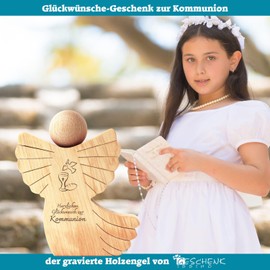 Geschenkissimo Herzlichen Glückwunsch zur Kommunion - Wooden Angel with Engraving - Decoration & Money Gift - Keepsake for Godchild, Grandson or as a Table Decoration for Celebration Gift Idea
