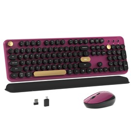 MPTOG Colorful Wireless Computer Keyboard and Mouse Combo with Round Typewriter Keycaps, Retro Design, Power Switch, Ergonomic Design, 2.4GHz Wireless for Windows, Mac, PC（Black-Claret）