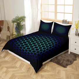 Hexagonal Bedding Set 3D Geometric Honeycomb Duvet Cover for Kids Boys Girls Luxury Beehive Hexagon Comforter Cover Neon Blue Teal Black Decor Bedspread Cover 3Pcs Double