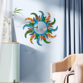 YIWEMON Colorful Sun Wall Mirror Decorative 25 inch Metal Frame Sunburst Boho Mirror for Entryway Bedroom Living Room Bathroom House Warming Gifts New Home Essential (Blue)