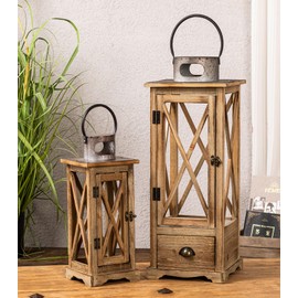 TIMRIS Large Farmhouse Wooden Candle Lantern Set of 2, Rustic Floor Candle Lanterns with Drawer, Vintage Hurricane Lantern Holder for Indoor Outdoor Decor (No Glass)