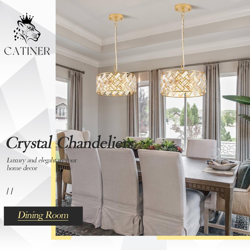 CATINER Modern Gold Crystal Chandeliers, Small Semi Flush Mount Chandelier